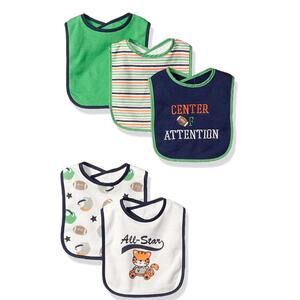 NEW Pack (5) BABY BIBS Football Sports Boys One Size Assorted Green Blue NWT